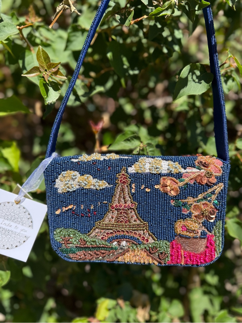 NWT Paris Eiffel Tower Floral Navy Blue Beaded Shoulder Bag Made in India